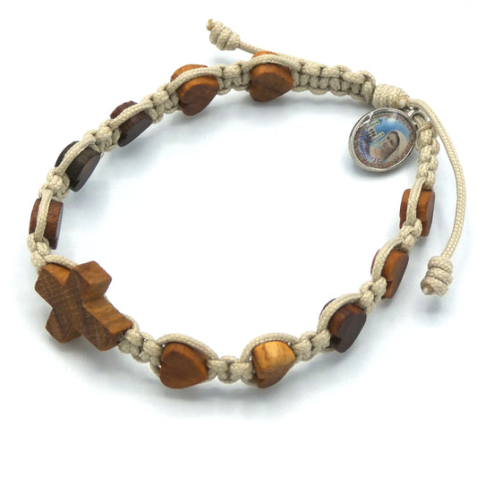 Wooden Cross and Hearts Decade Rosary Bracelet of Assorted Colors