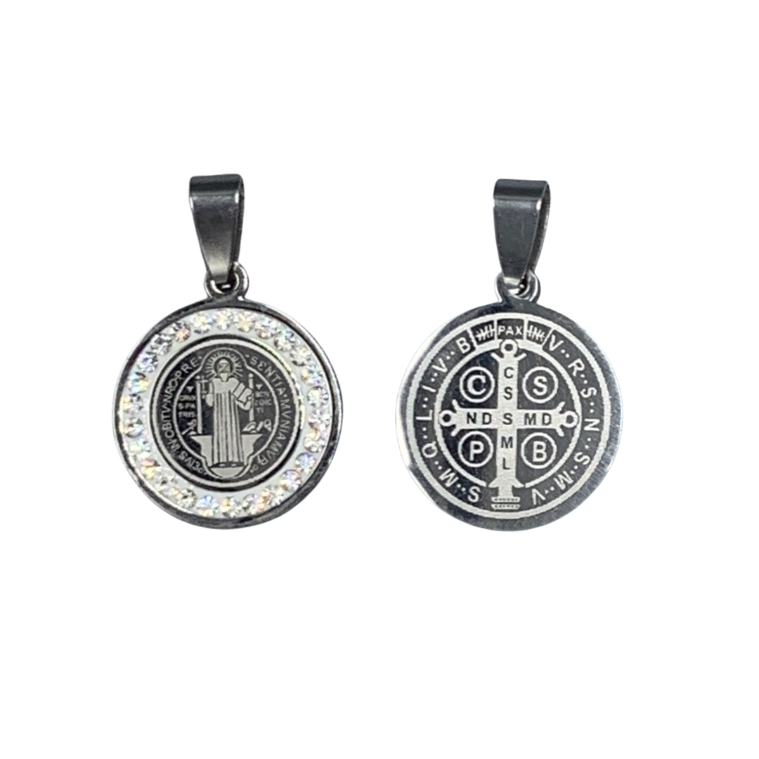 Etched St. Benedict Medal with Crystal Border