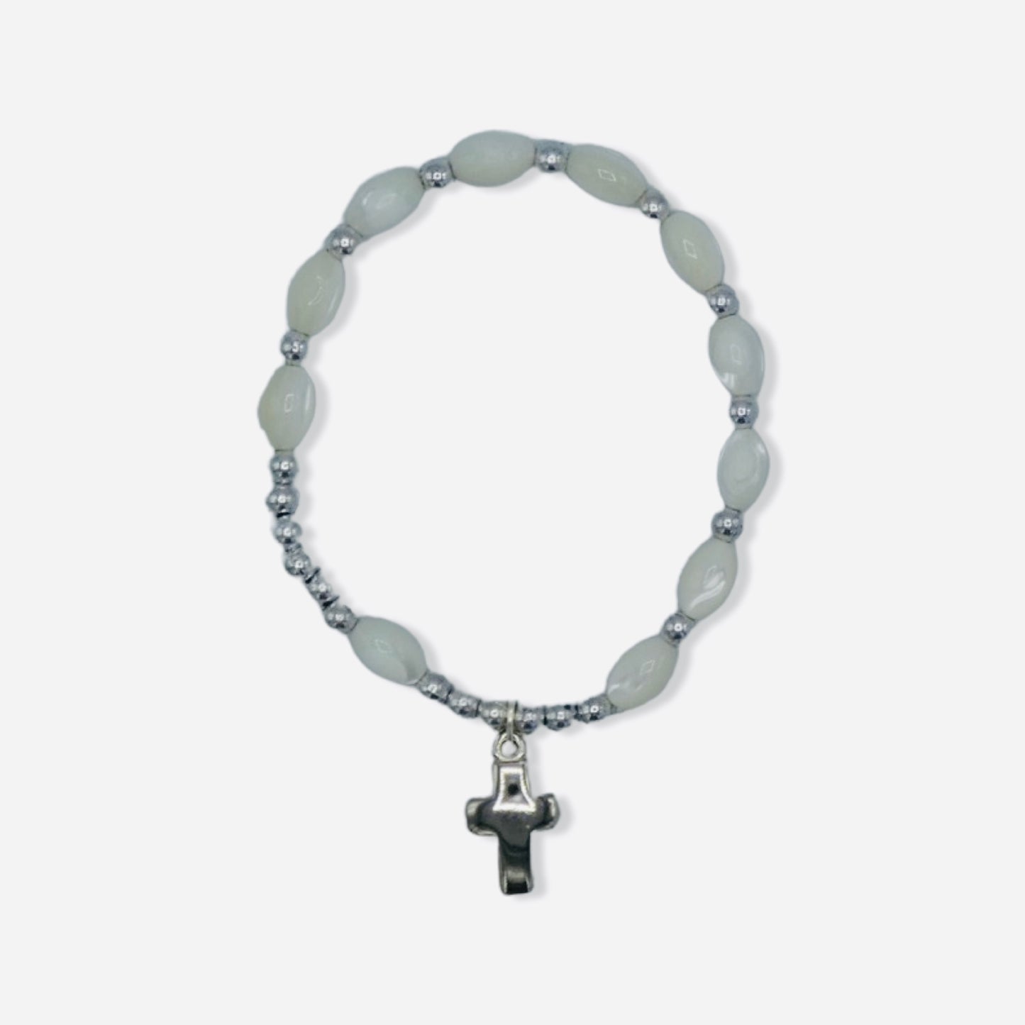 White Pearl Decade Rosary Bracelet with Cross