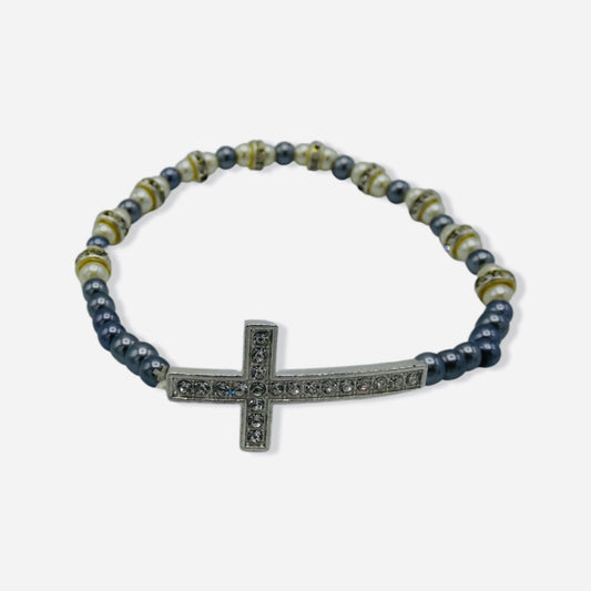 White and Grey Pearl Fatima Decade Rosary with Rhinestone Cross