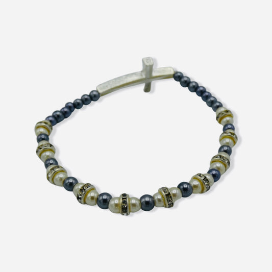 White and Grey Pearl Fatima Decade Rosary with Rhinestone Cross