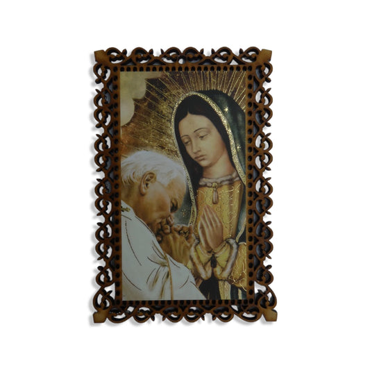 Wood Carved Guadalupe and St. John Paul II Image