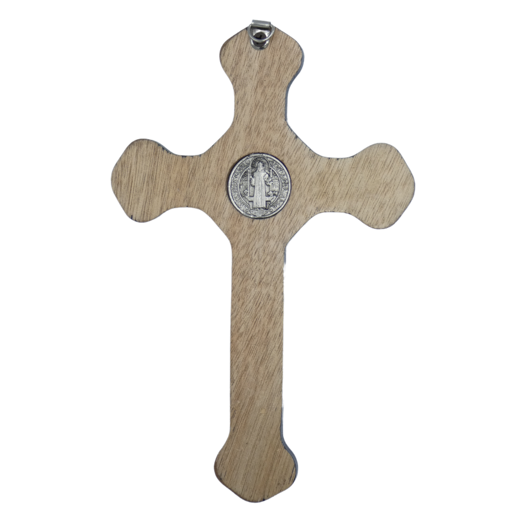 Wood Crafted Oak Colored St. Benedict Crucifix with Black Border