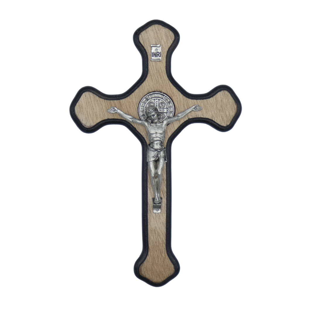 Wood Crafted Oak Colored St. Benedict Crucifix with Black Border