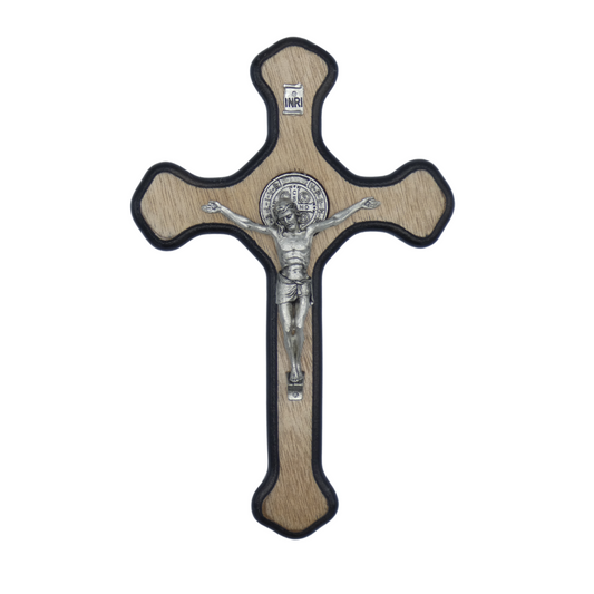 Wood Crafted White Oak Colored St. Benedict Crucifix with Black Border