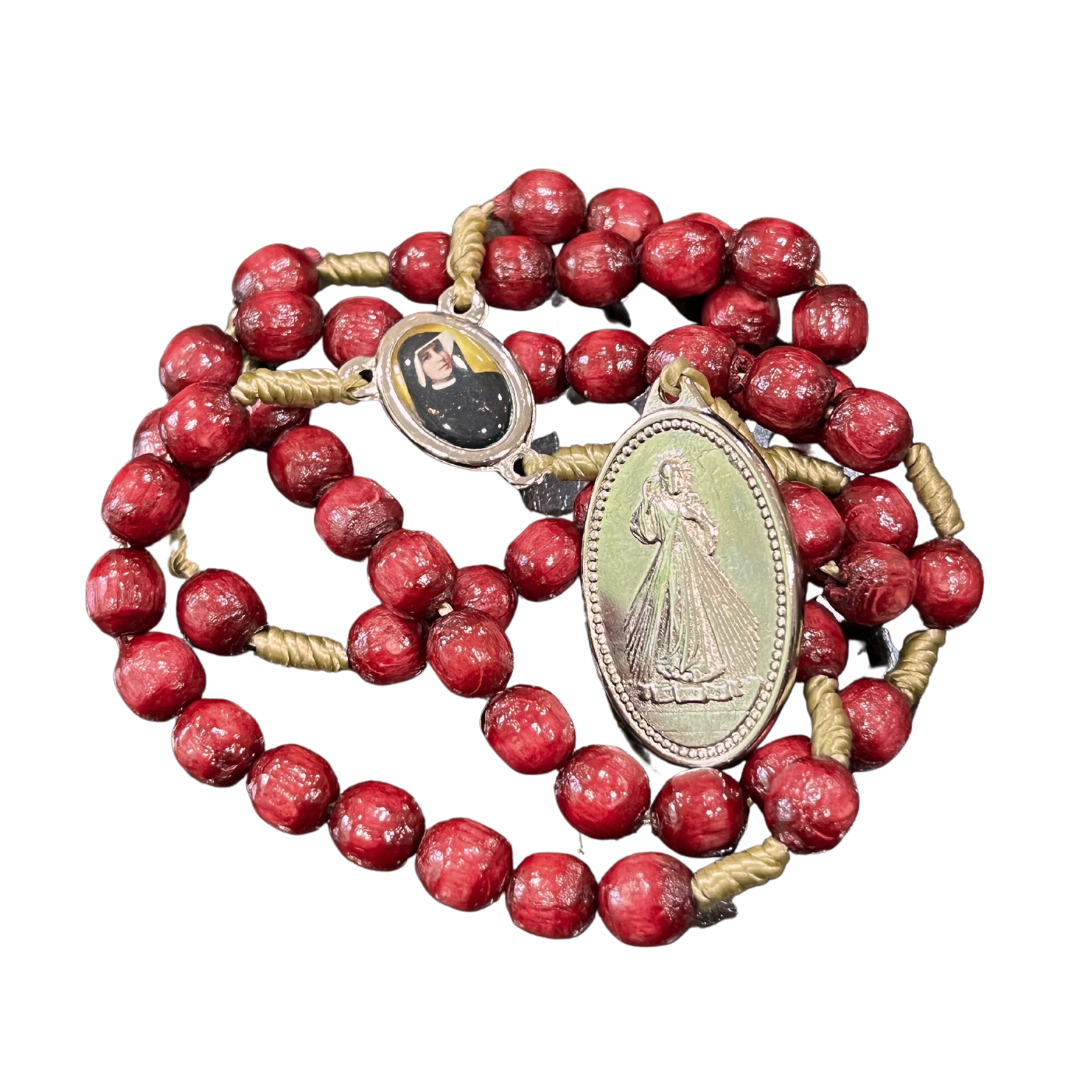 Wood St. Faustina String Rosary with Relic and Medal