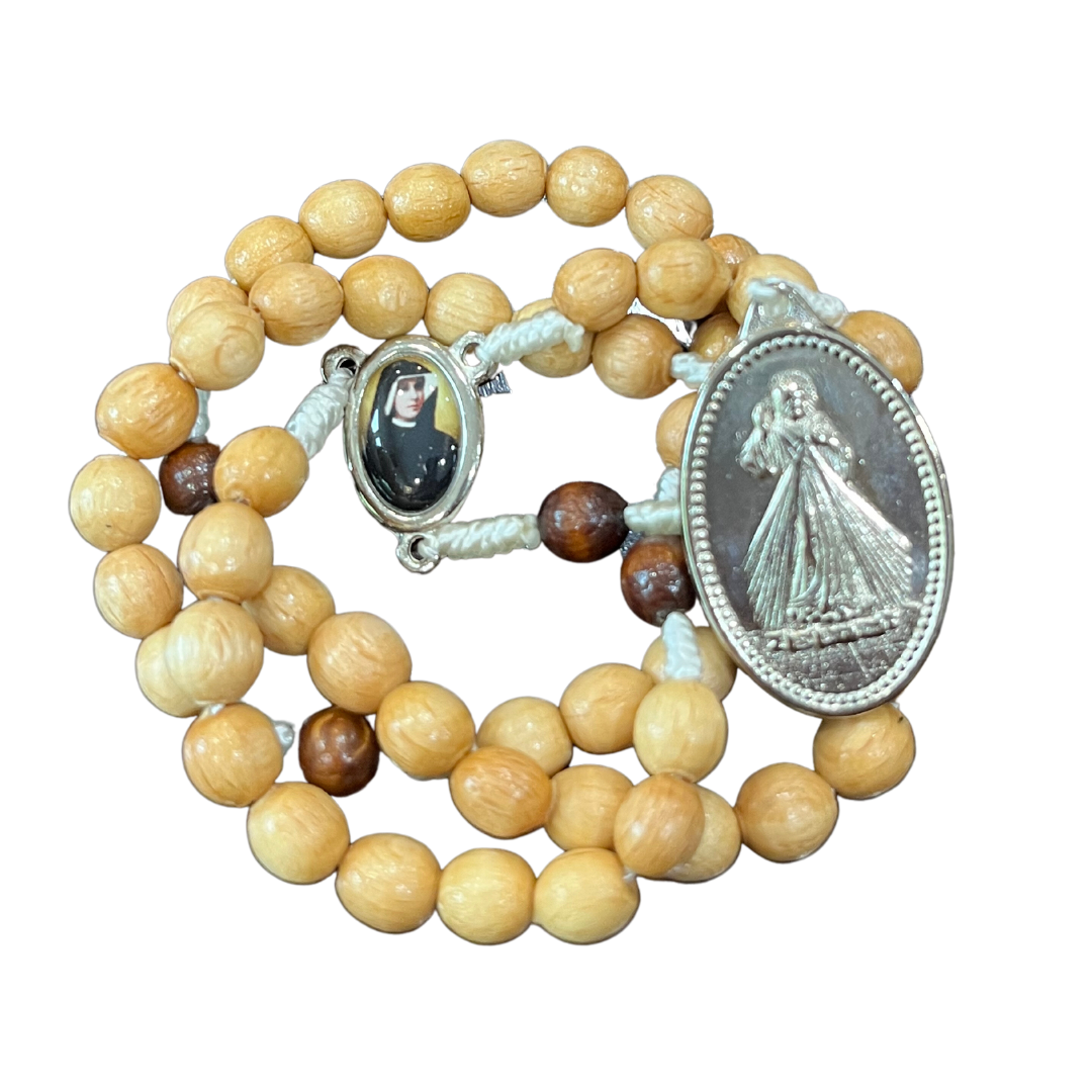 Wood St. Faustina String Rosary with Relic and Medal