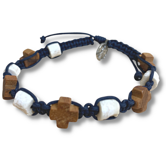 Wooden Cross and Stone Decade Rosary Bracelet