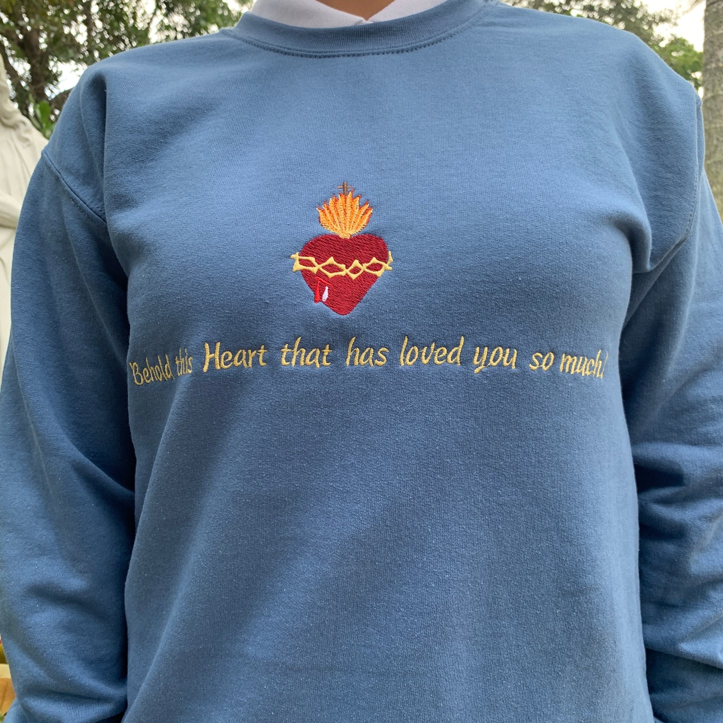 "Behold This Heart" Embroidered Sacred Heart of Jesus Crewneck Sweater by SCTJM