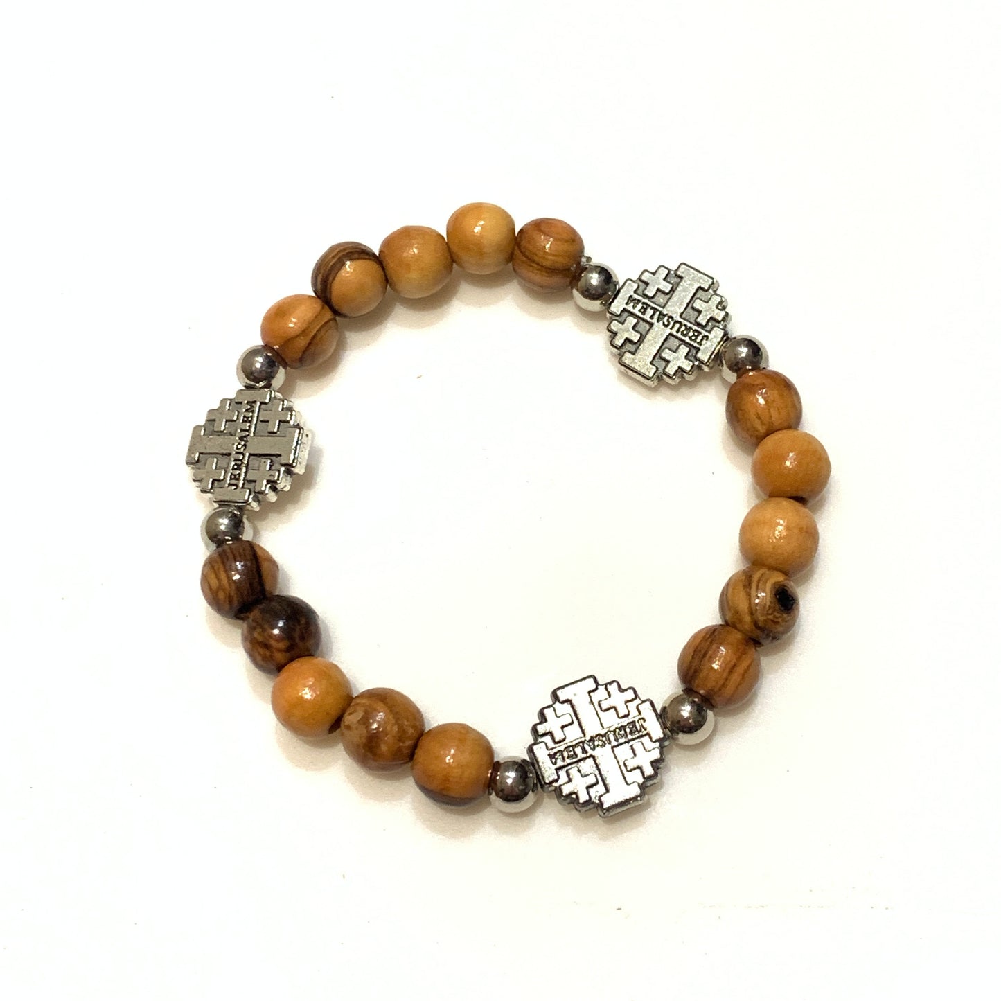 Olive Wood Trio Jerusalem Cross Bracelet