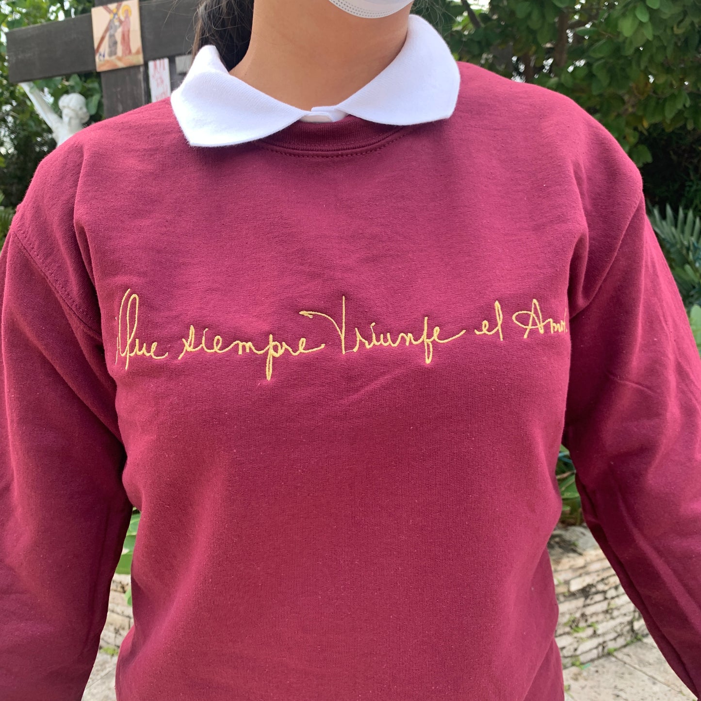Embroidered "May Love Always Triumph" Crewneck Sweater by SCTJM