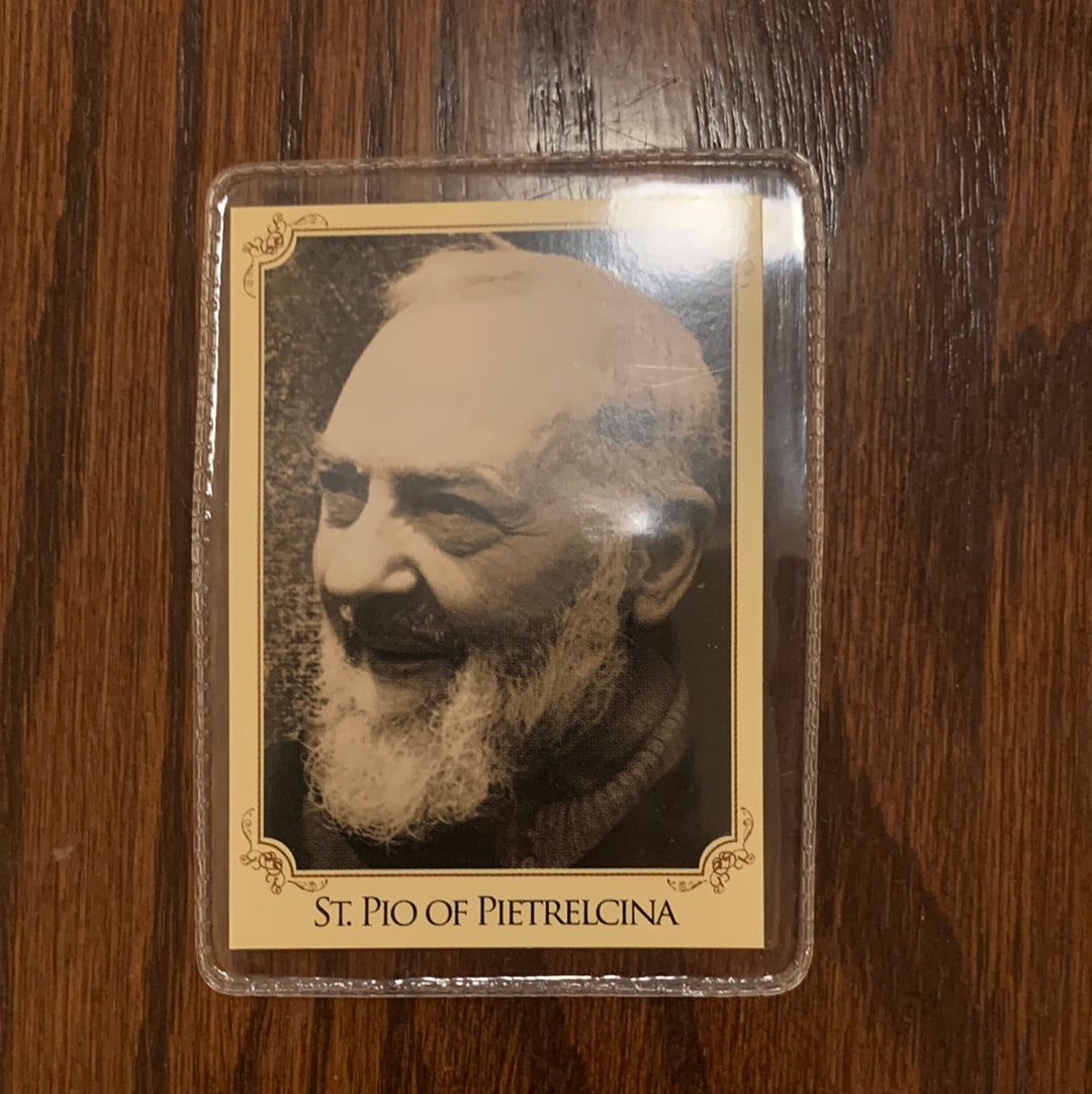 Laminated Padre Pio Prayer Card with Relic