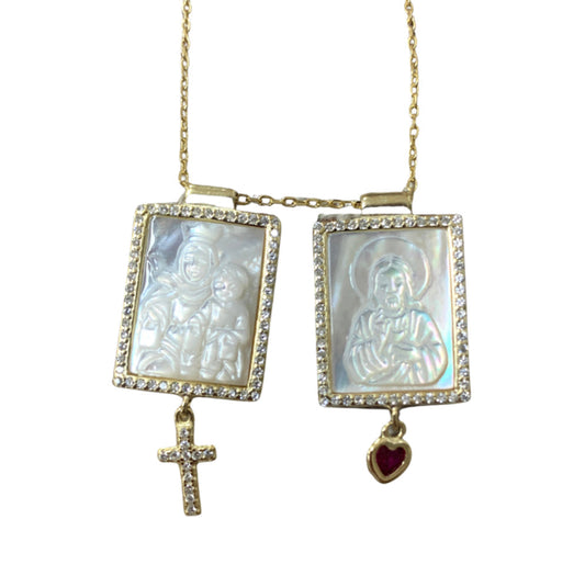Square Mother of Pearl Scapular Necklace with Zirconium Gems