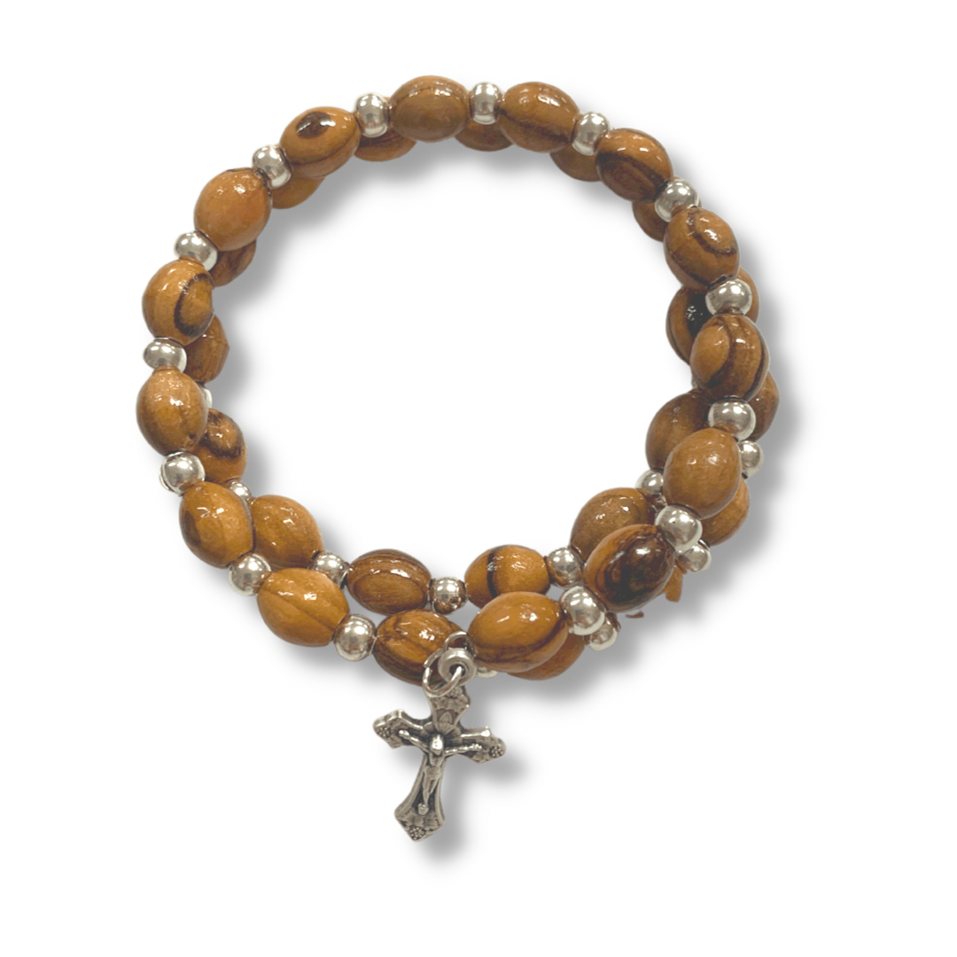 Olive Wood Wrap Rosary Bracelet with Crucifix Medal