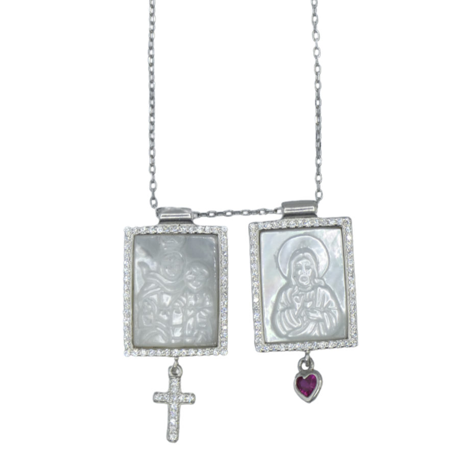 Square Mother of Pearl Scapular Necklace with Zirconium Gems