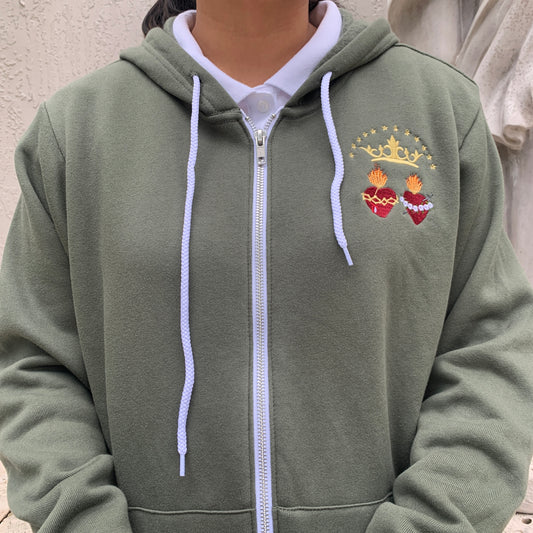 Two Hearts Embroidered Zip-up Sweater by SCTJM