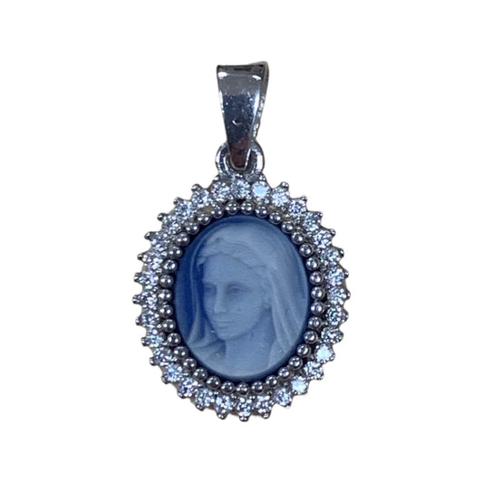 Queen of Peace Cameo Medal with Ornate Diamond Border